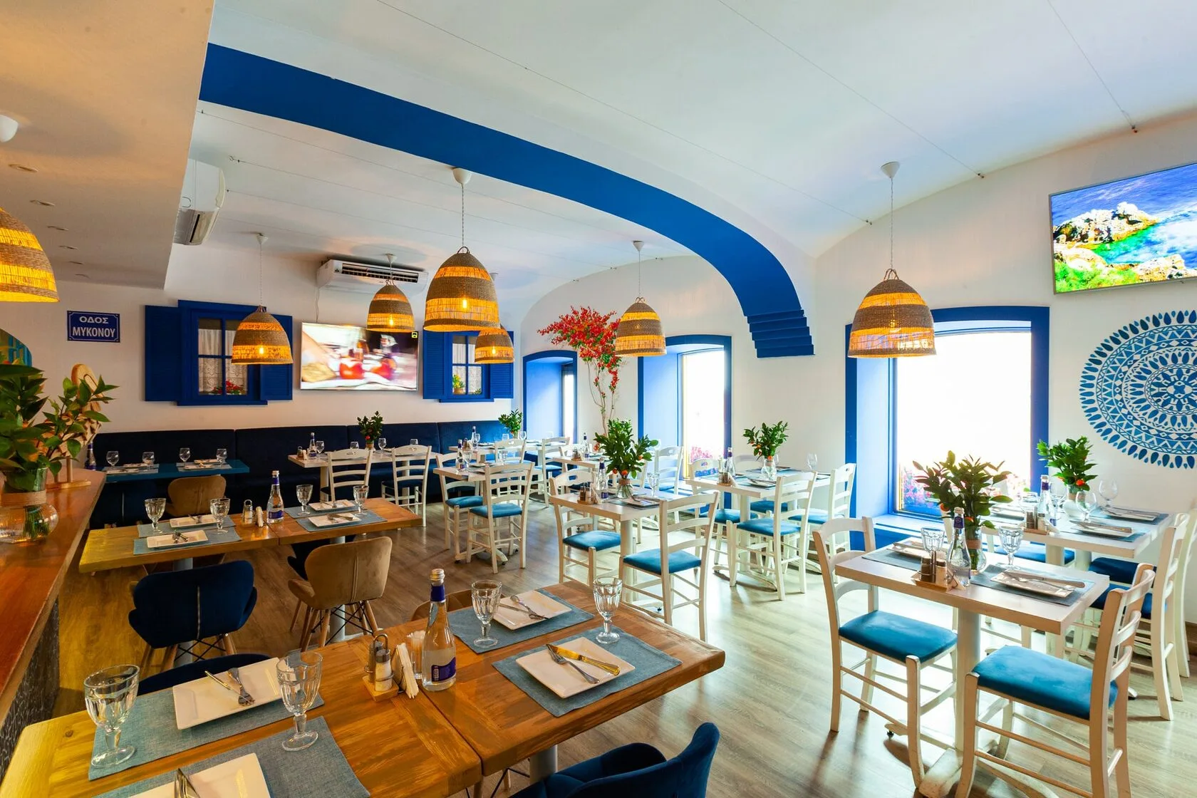 in the dining room of the Greek taverna